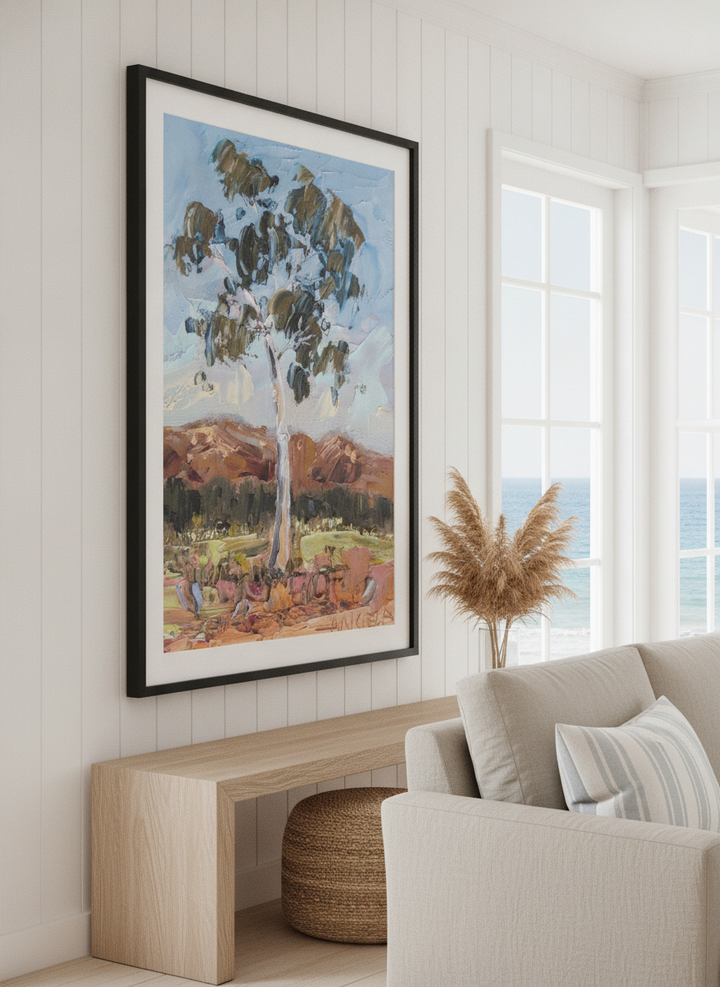 Neutral wall art displayed in a sunny coastal beach house