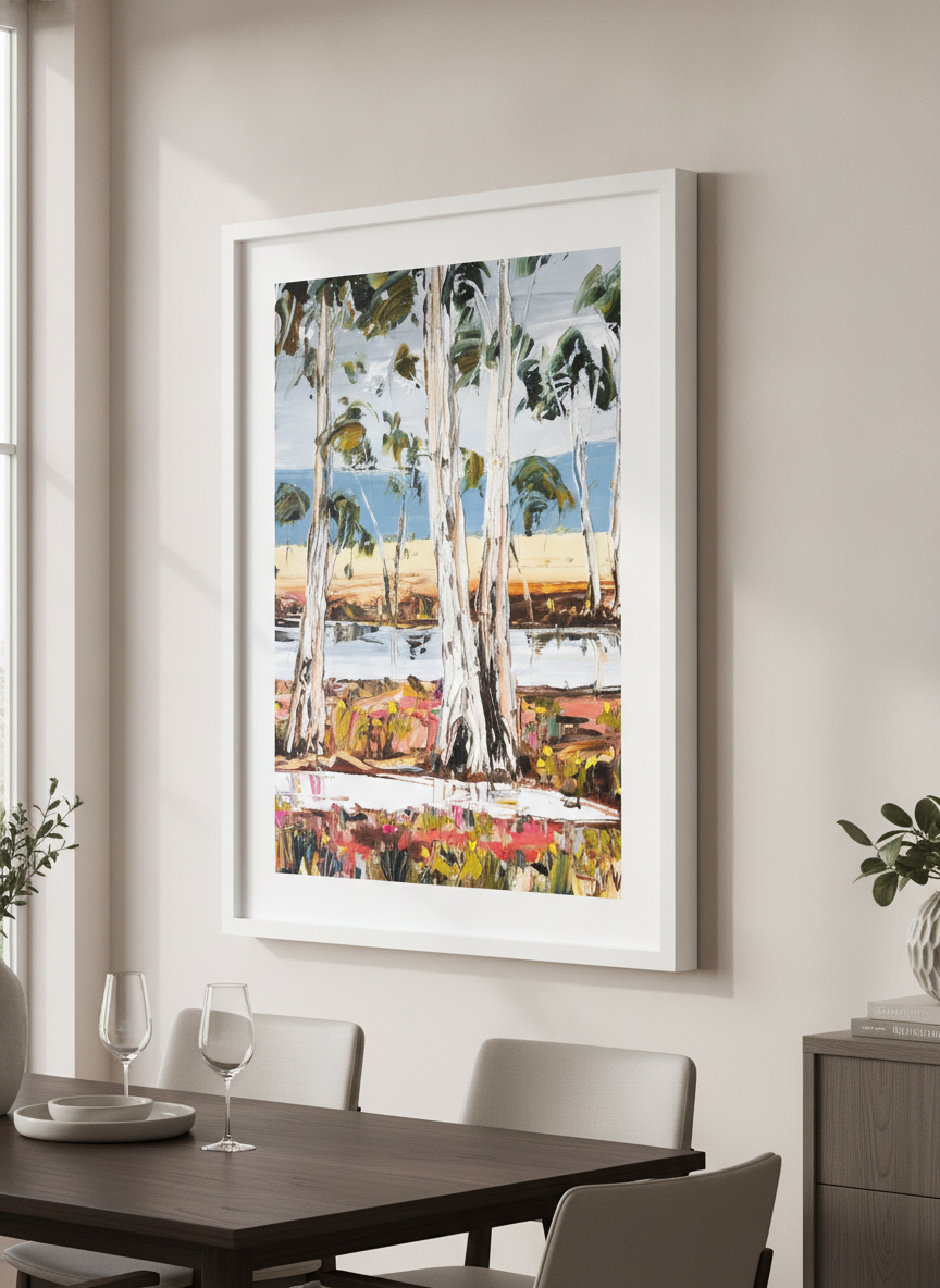 Wall art styled above a dining table in a contemporary home