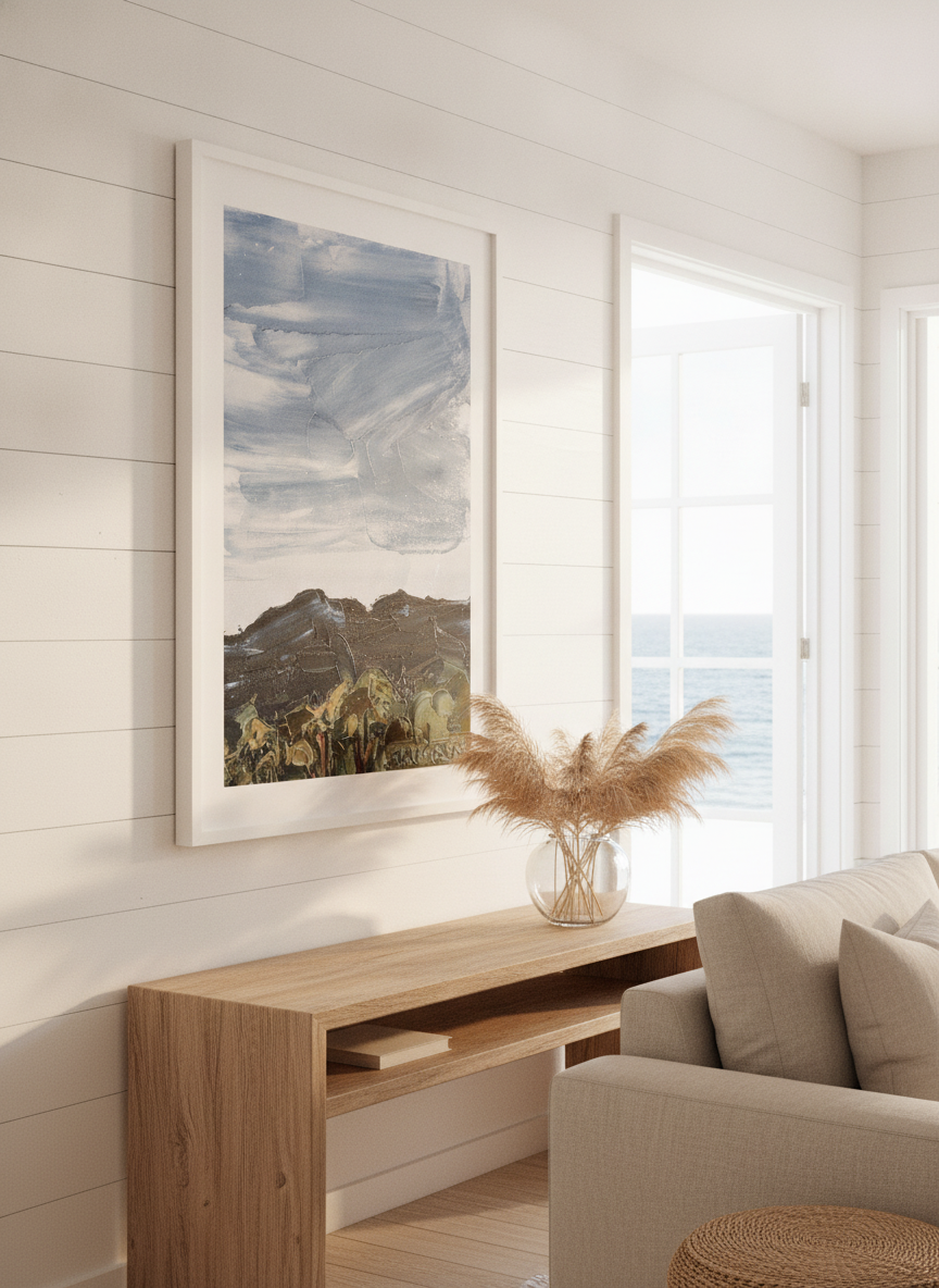 Neutral wall art displayed in a sunny coastal beach house