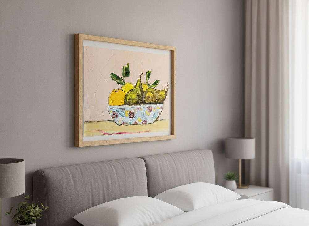 Minimalist artwork displayed in a calm, light-filled bedroom interior
