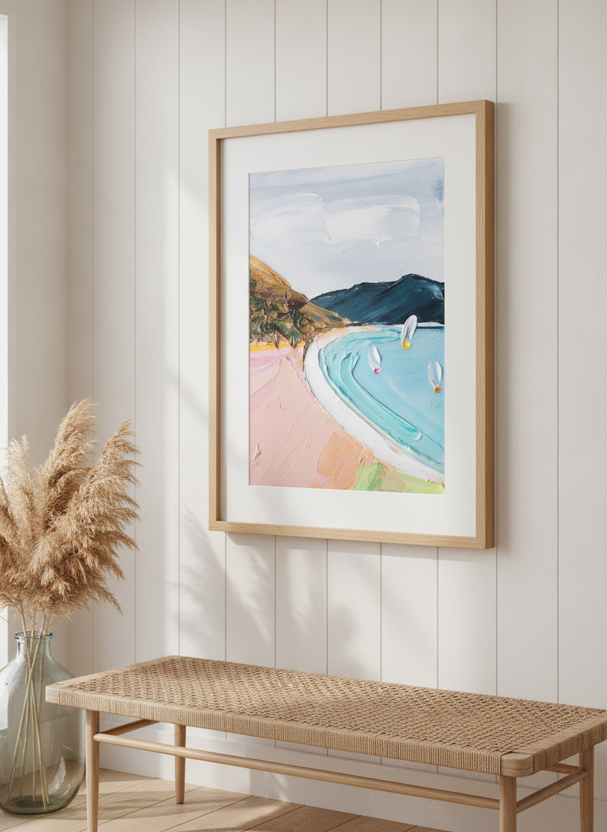 Neutral wall art displayed in a sunny coastal beach house
