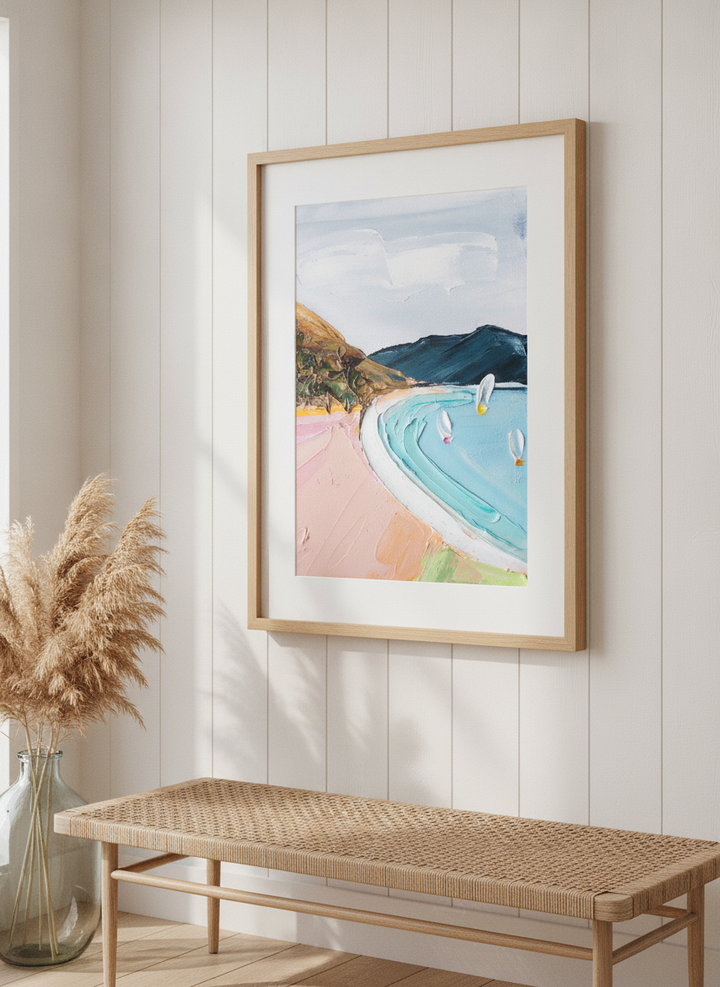 Neutral wall art displayed in a sunny coastal beach house
