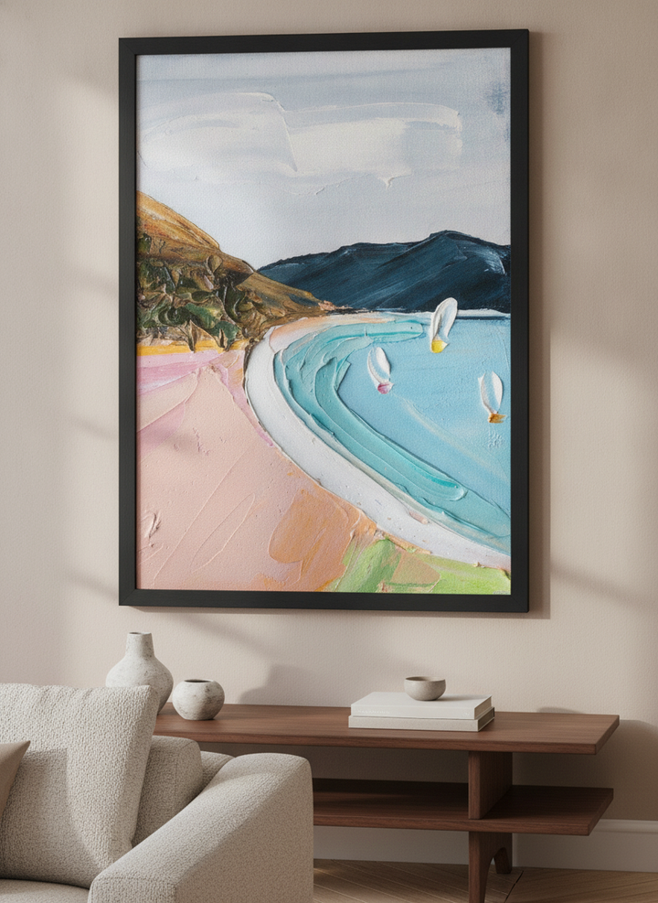 Modern wall art styled above a sofa in a neutral living room
