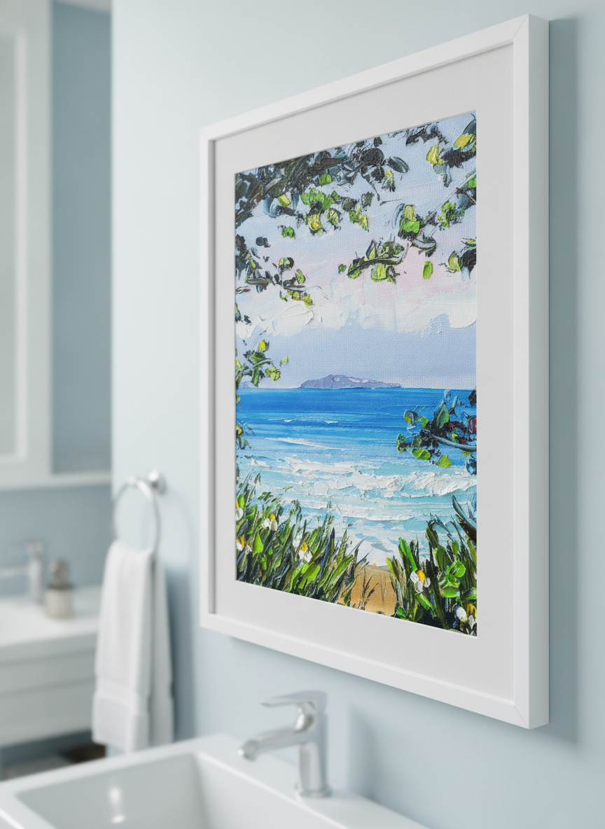 Modern print displayed in a clean minimalist bathroom setting