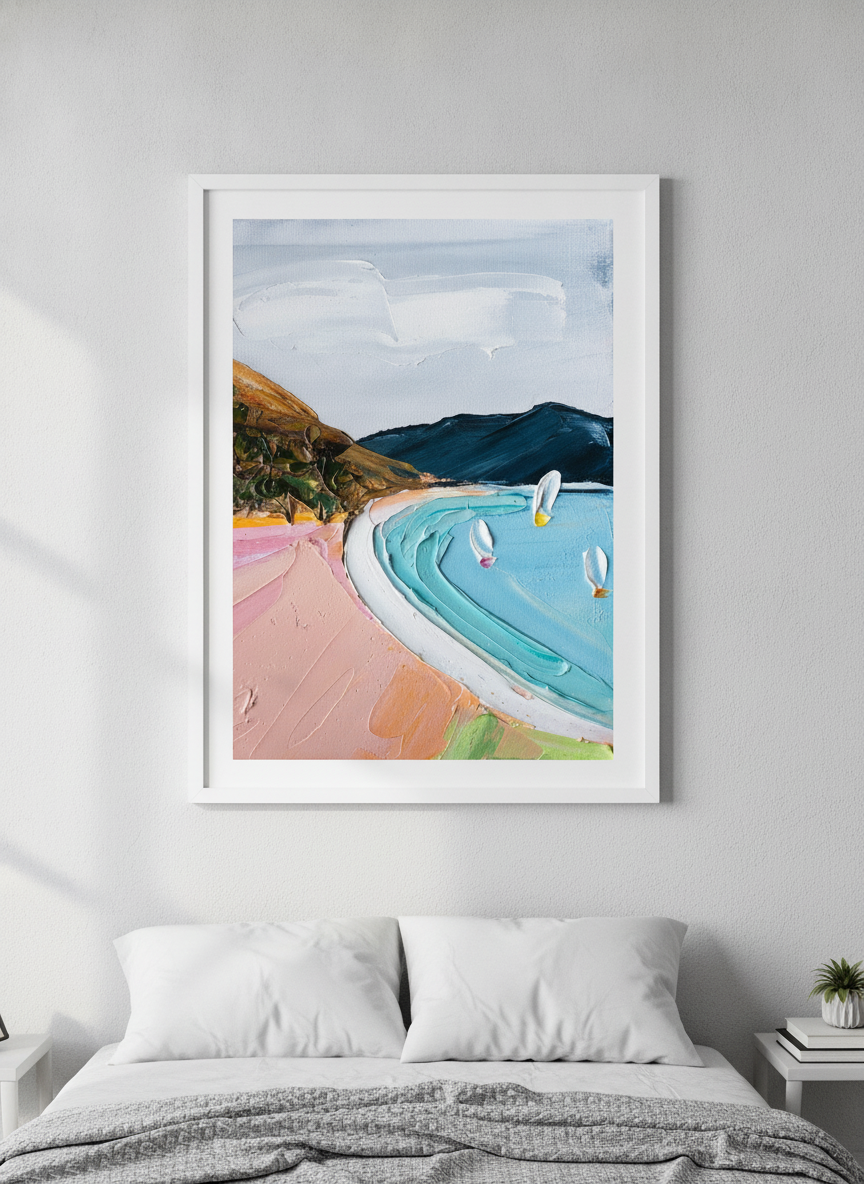 Minimalist artwork displayed in a calm, light-filled bedroom interior