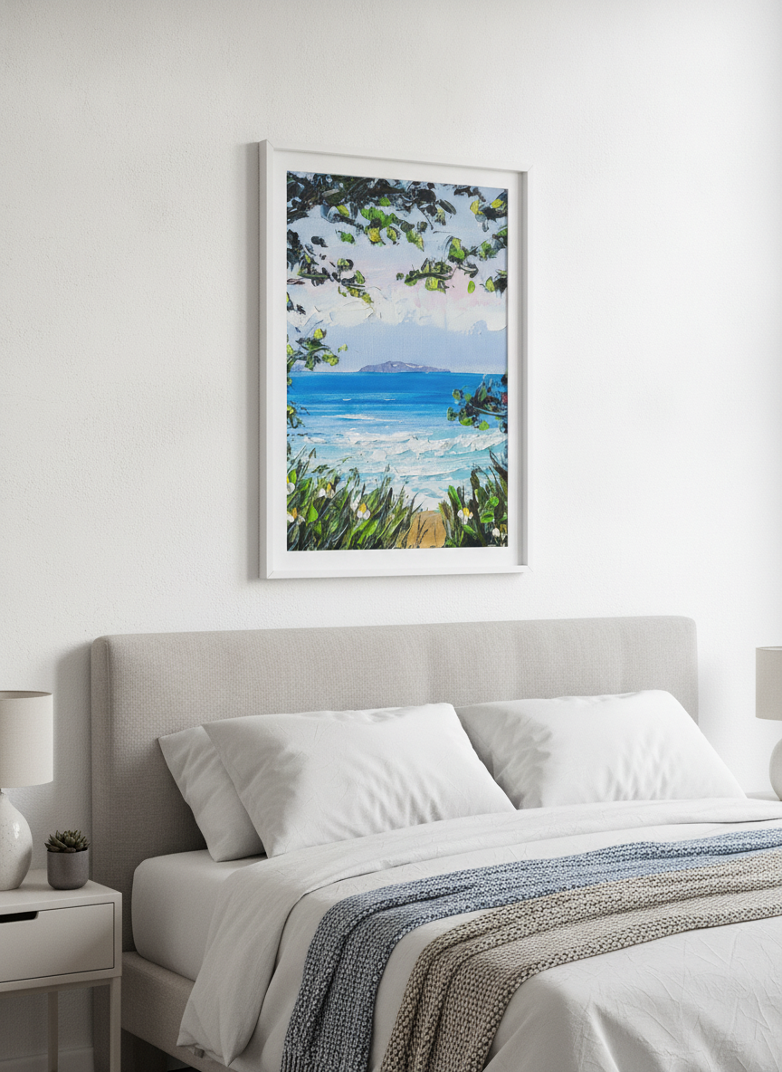 Minimalist artwork displayed in a calm, light-filled bedroom interior
