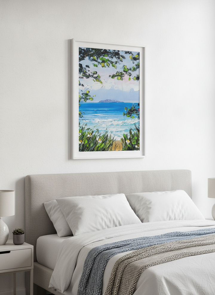 Minimalist artwork displayed in a calm, light-filled bedroom interior