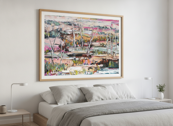 Minimalist artwork displayed in a calm, light-filled bedroom interior