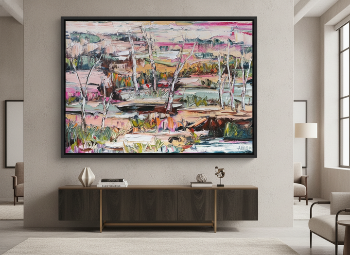 Monumental artwork centred on a feature wall in a luxe interior