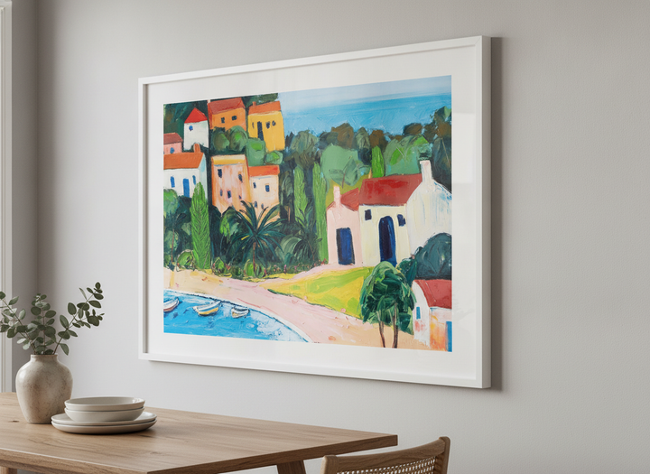 Wall art styled above a dining table in a contemporary home
