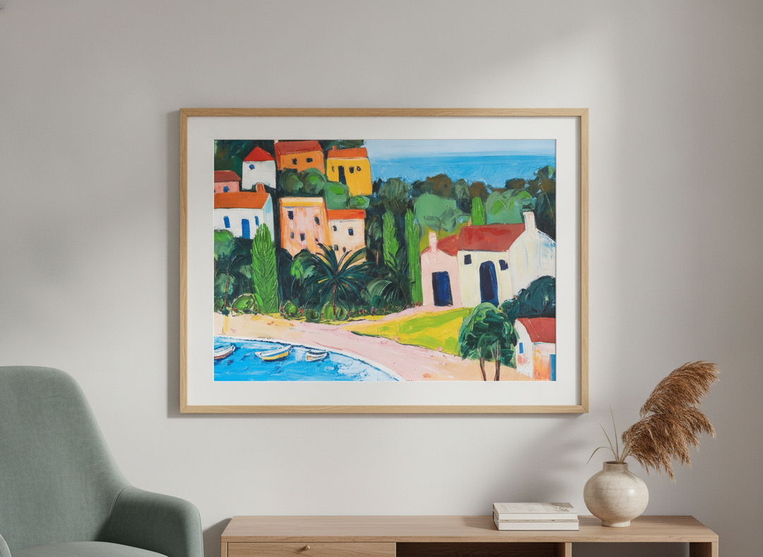 Modern wall art styled above a sofa in a neutral living room