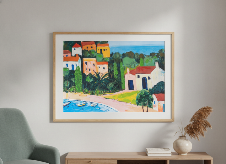 Modern wall art styled above a sofa in a neutral living room