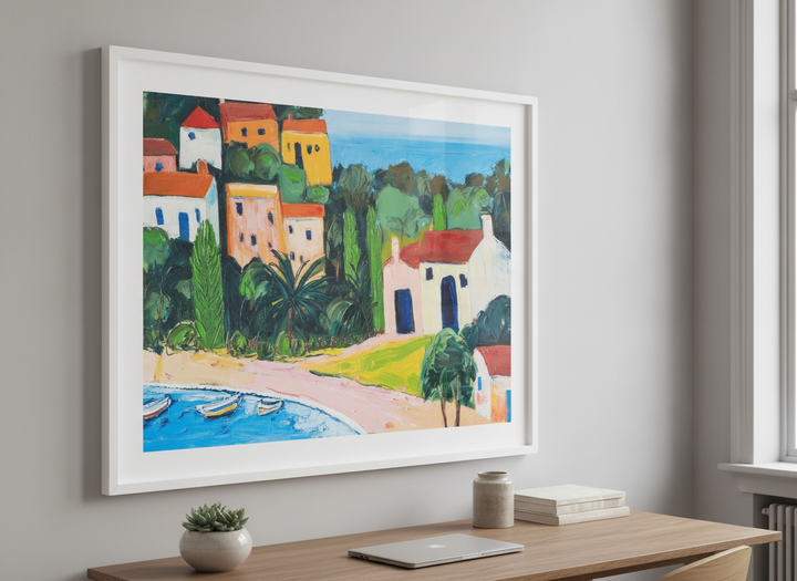 Contemporary wall art featured in a bright modern office workspace
