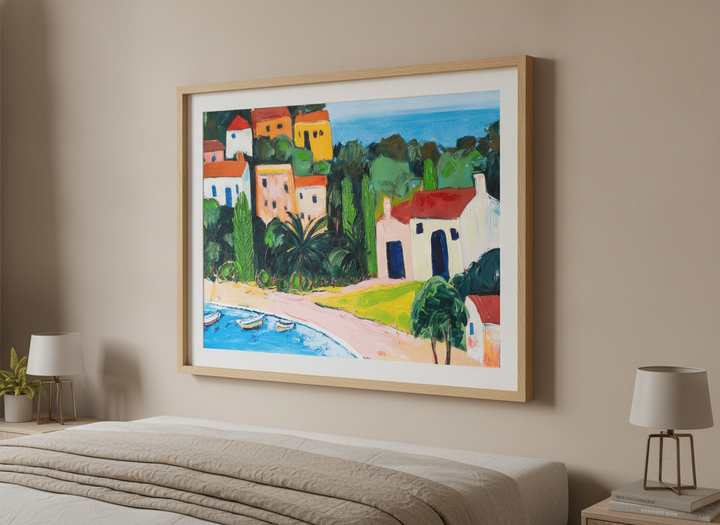 Minimalist artwork displayed in a calm, light-filled bedroom interior