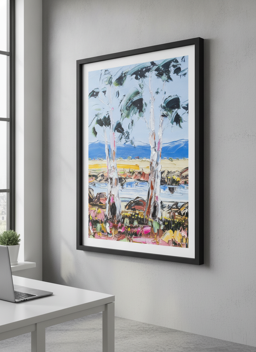 Contemporary wall art featured in a bright modern office workspace