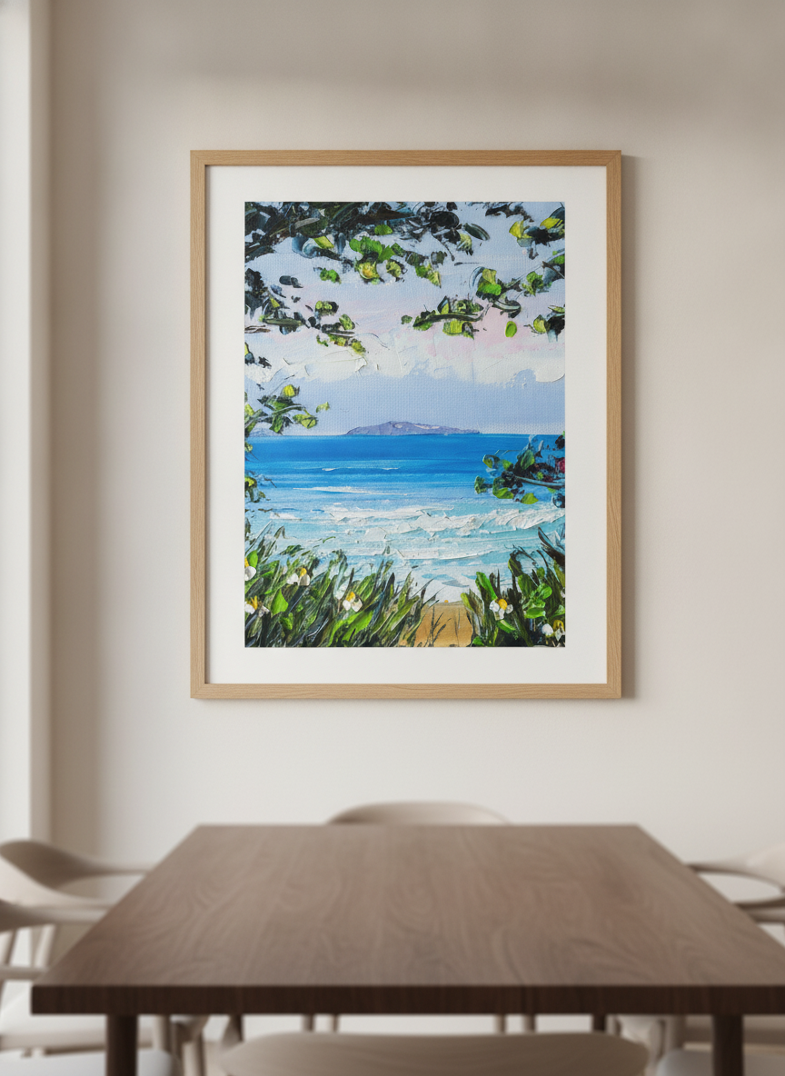 Wall art styled above a dining table in a contemporary home