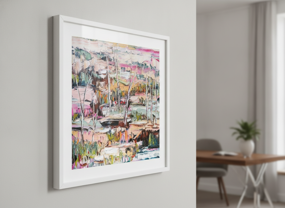 Contemporary wall art featured in a bright modern office workspace