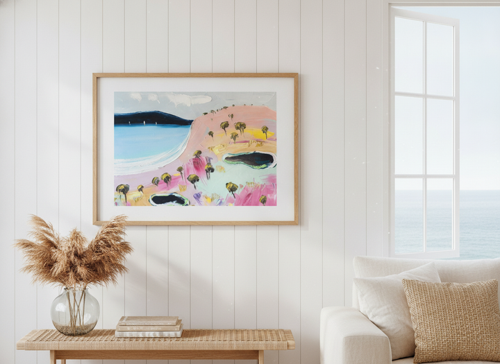 Neutral wall art displayed in a sunny coastal beach house