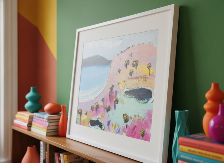 Bold wall art styled in a colourful, eclectic modern home