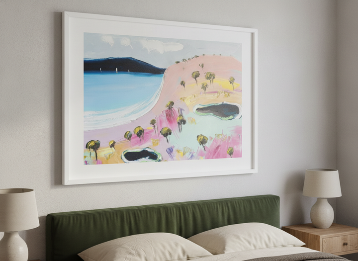 Minimalist artwork displayed in a calm, light-filled bedroom interior