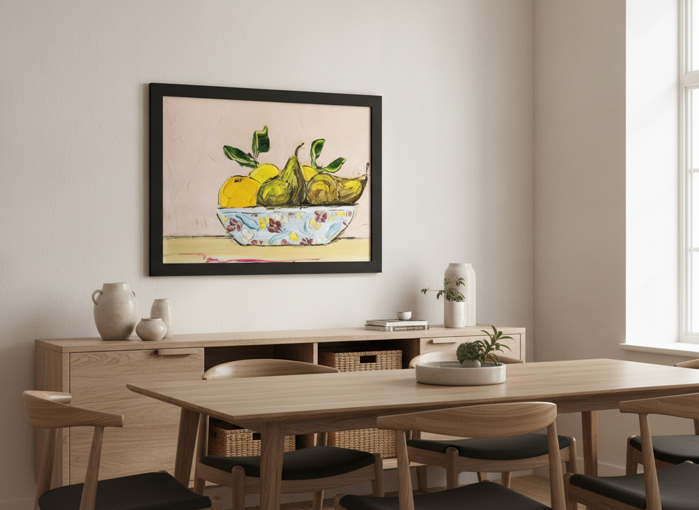 Wall art styled above a dining table in a contemporary home