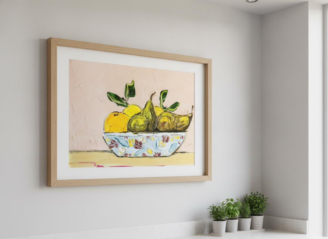 Artwork styled on the wall of a bright modern kitchen