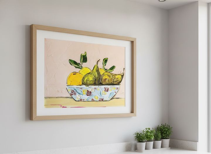 Artwork styled on the wall of a bright modern kitchen