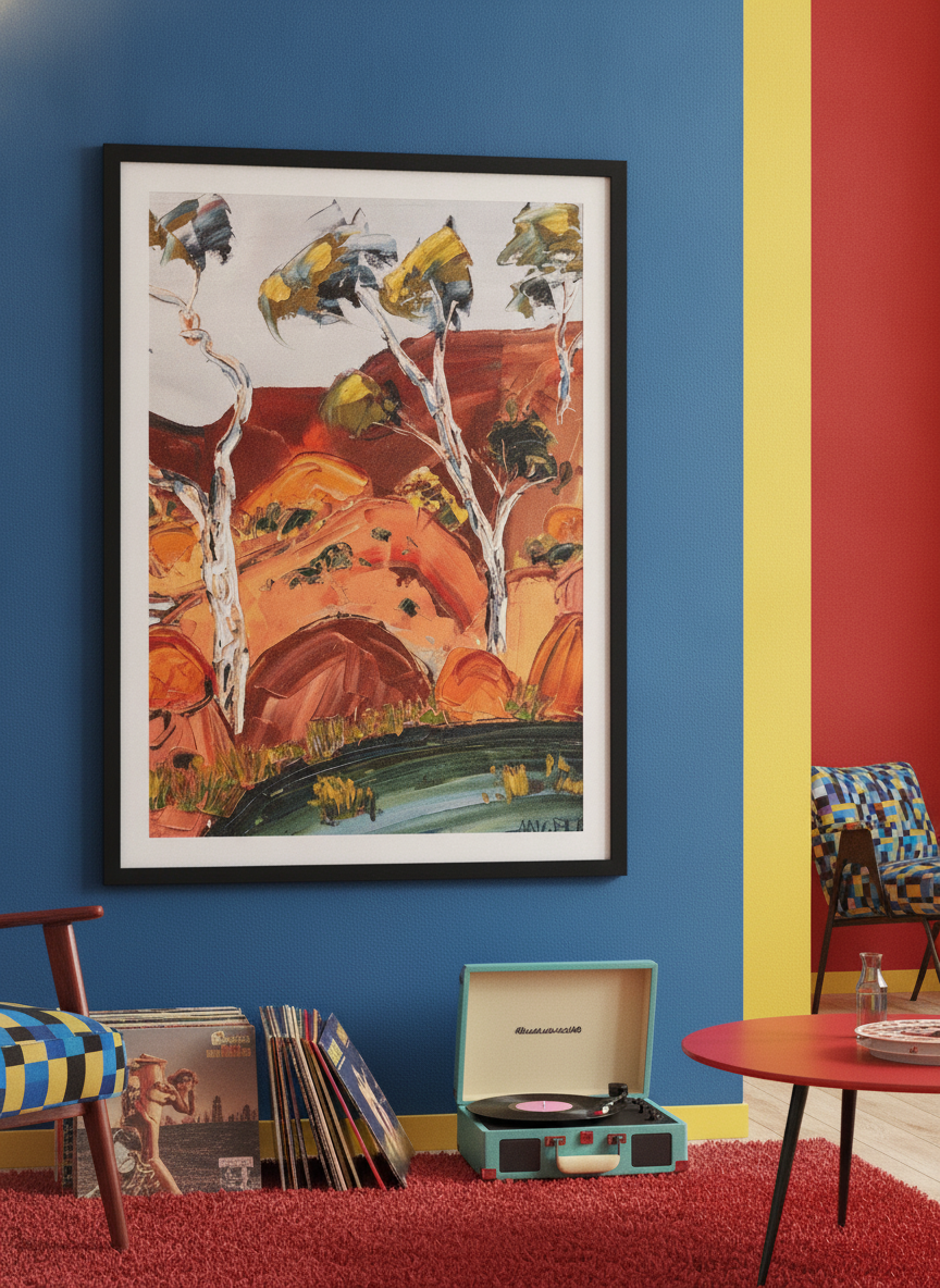 Bold wall art styled in a colourful, eclectic modern home