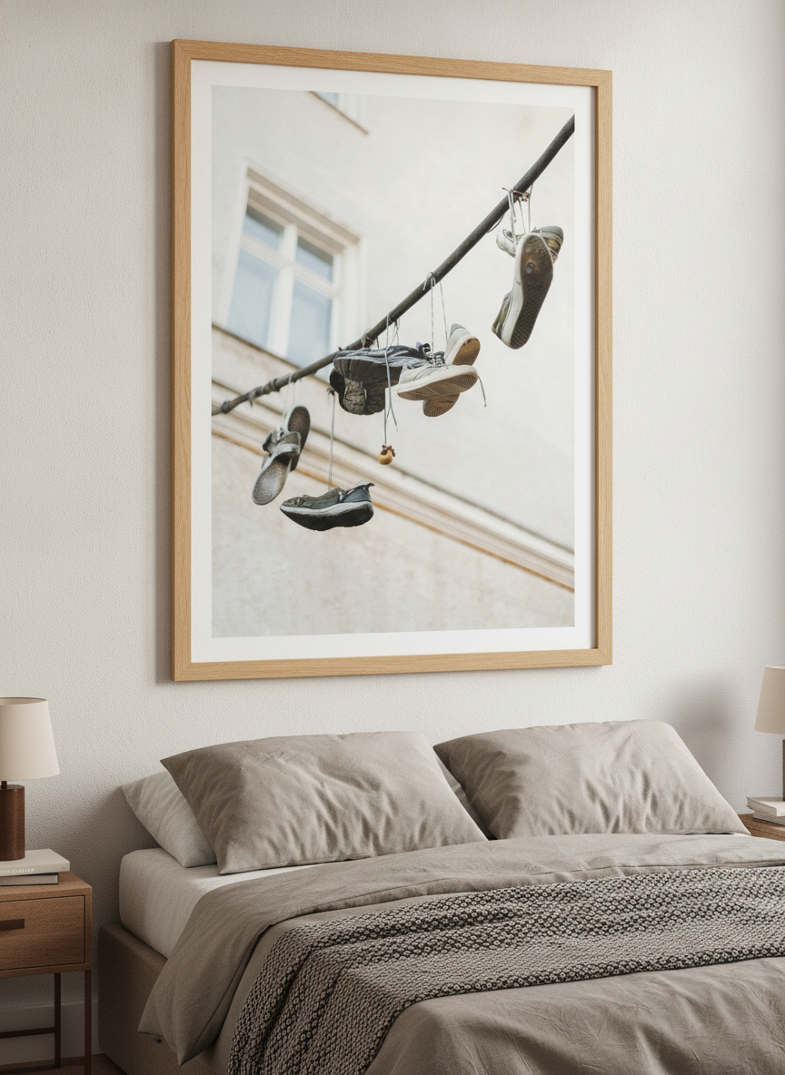 Minimalist artwork displayed in a calm, light-filled bedroom interior