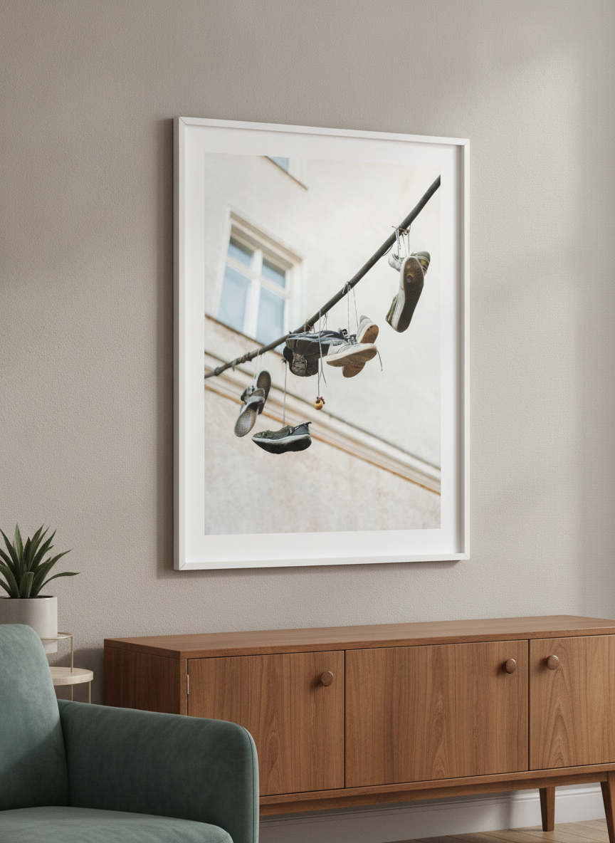 Modern wall art styled above a sofa in a neutral living room