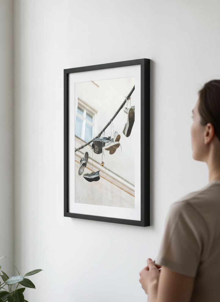 Person showcasing the artwork against a clean modern interior wall