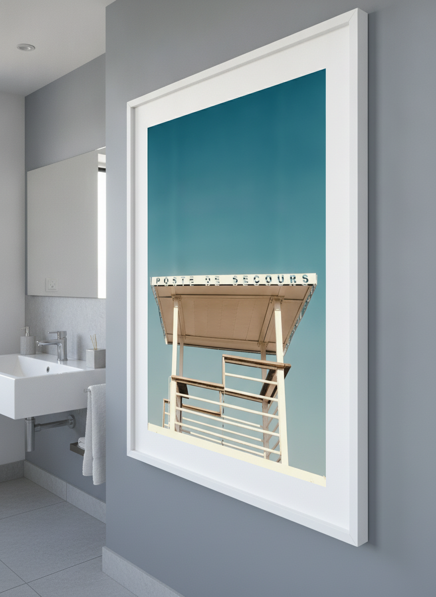 Modern print displayed in a clean minimalist bathroom setting