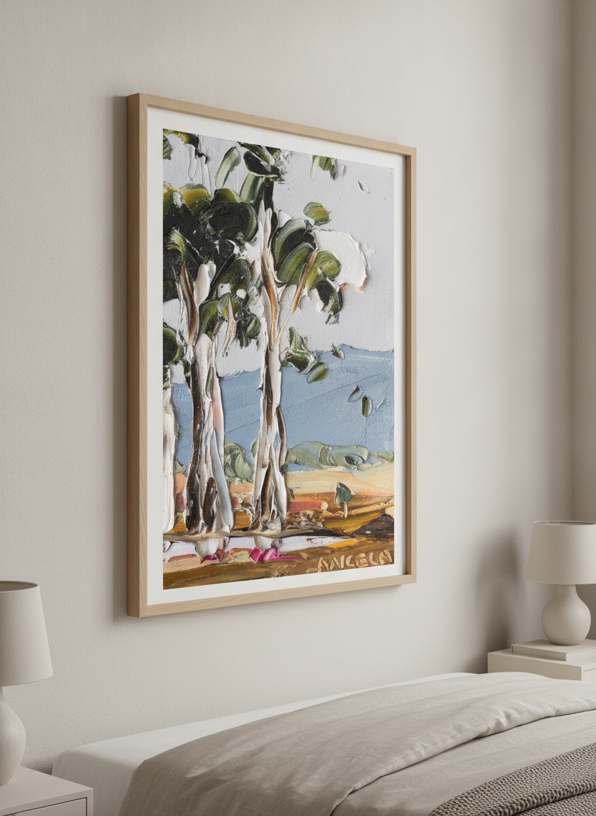 Minimalist artwork displayed in a calm, light-filled bedroom interior