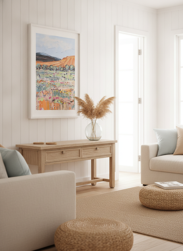 Neutral wall art displayed in a sunny coastal beach house