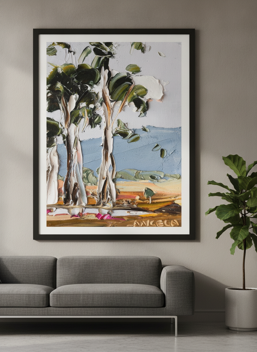Modern wall art styled above a sofa in a neutral living room