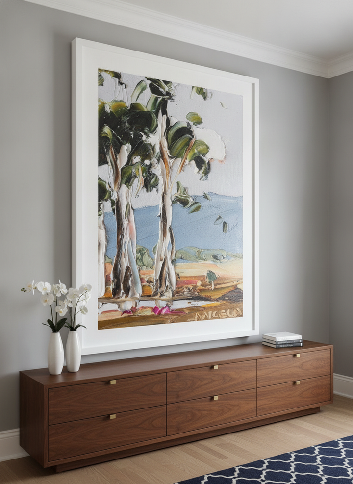 Monumental artwork centred on a feature wall in a luxe interior