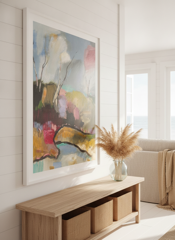 Neutral wall art displayed in a sunny coastal beach house