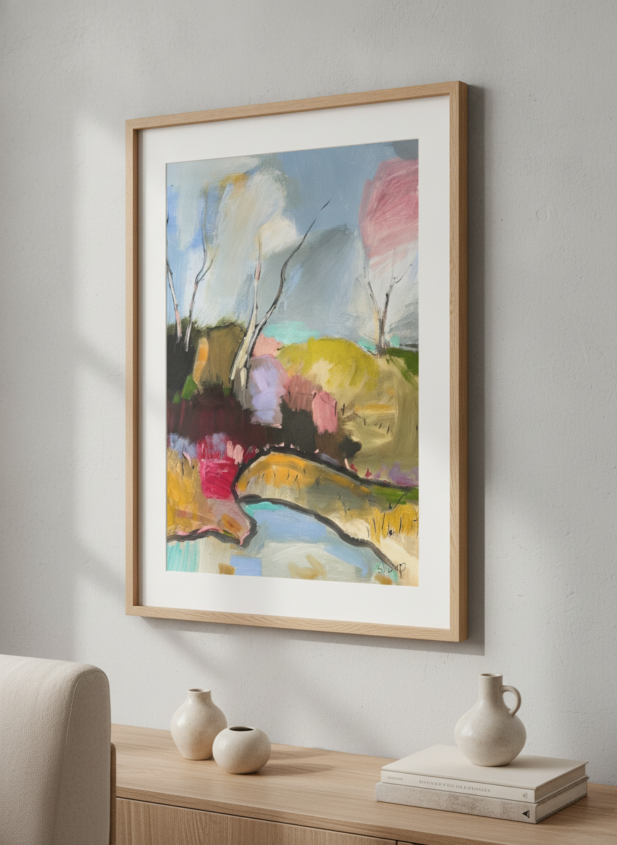 Modern wall art styled above a sofa in a neutral living room
