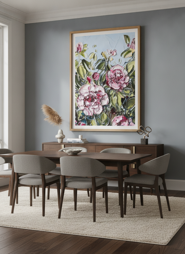 Monumental artwork centred on a feature wall in a luxe interior