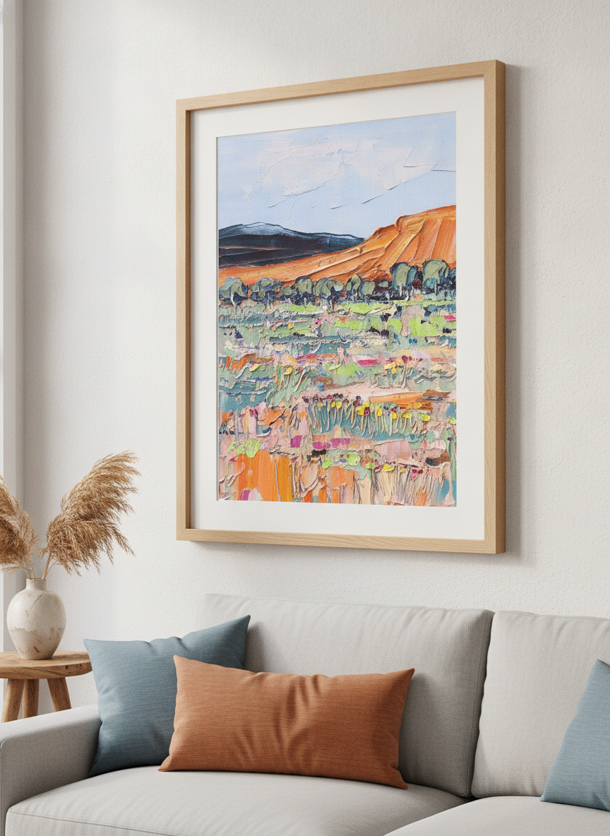 Modern wall art styled above a sofa in a neutral living room