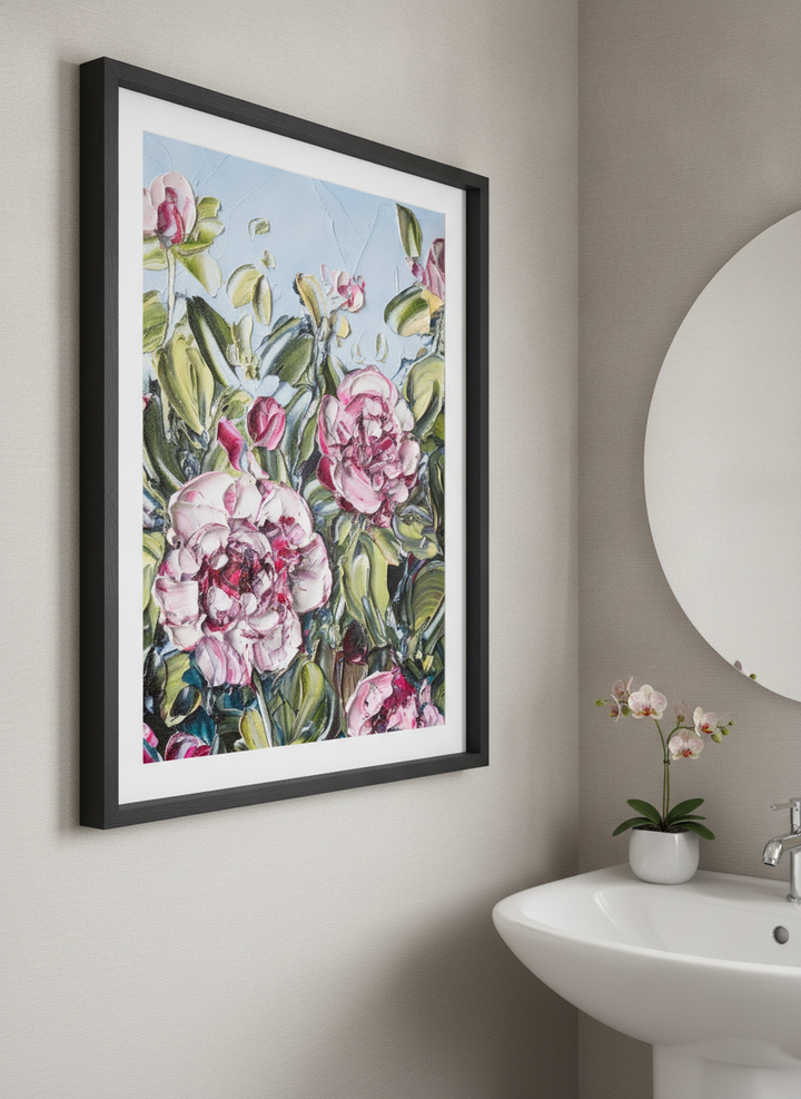 Modern print displayed in a clean minimalist bathroom setting