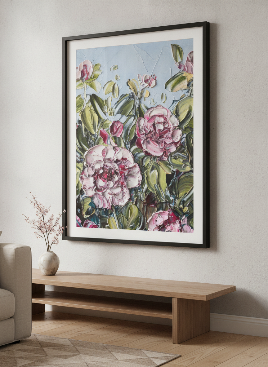 Modern wall art styled above a sofa in a neutral living room