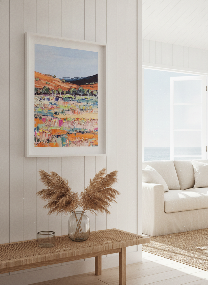 Neutral wall art displayed in a sunny coastal beach house