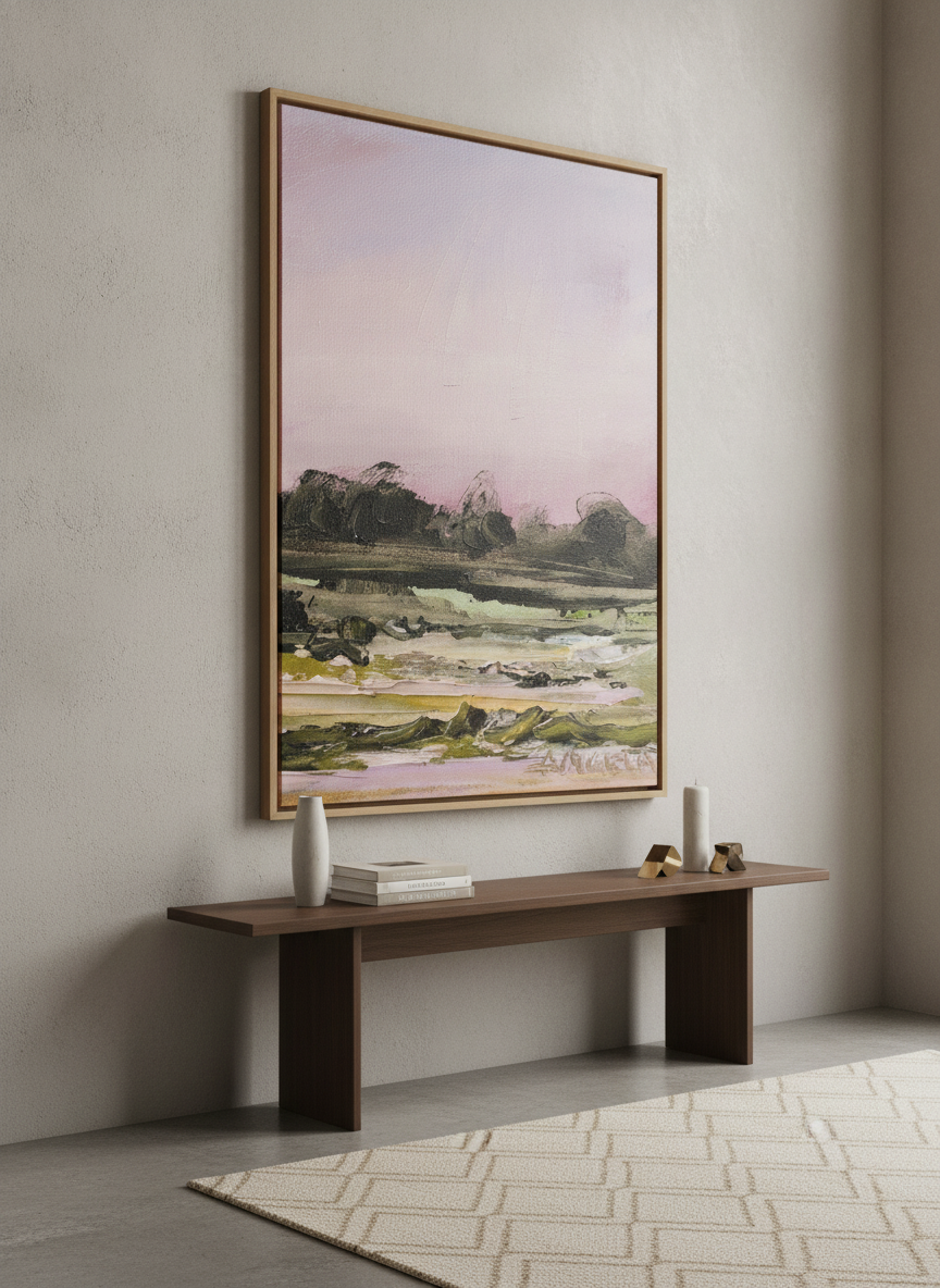 Monumental artwork centred on a feature wall in a luxe interior