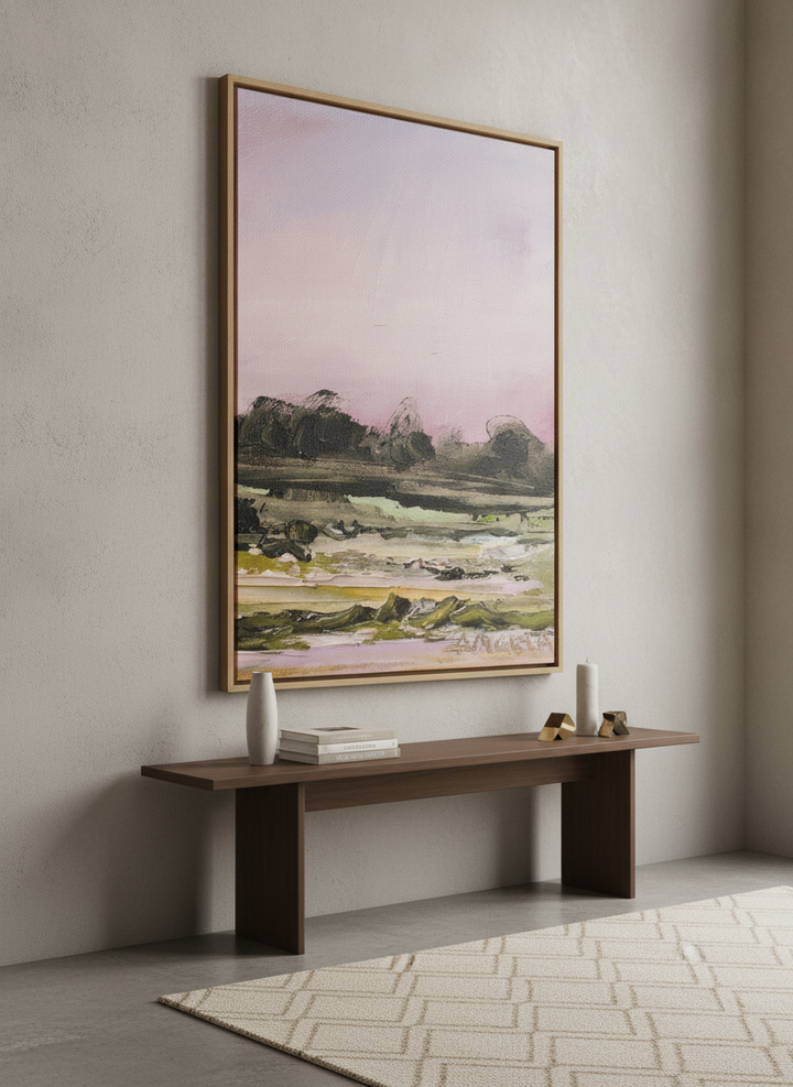 Monumental artwork centred on a feature wall in a luxe interior