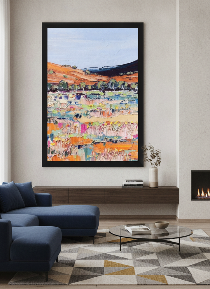 Monumental artwork centred on a feature wall in a luxe interior