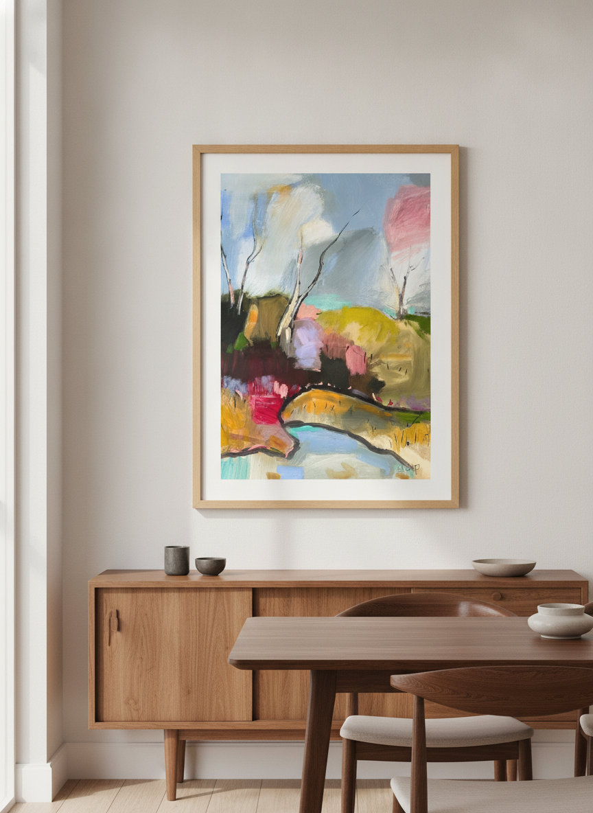 Wall art styled above a dining table in a contemporary home