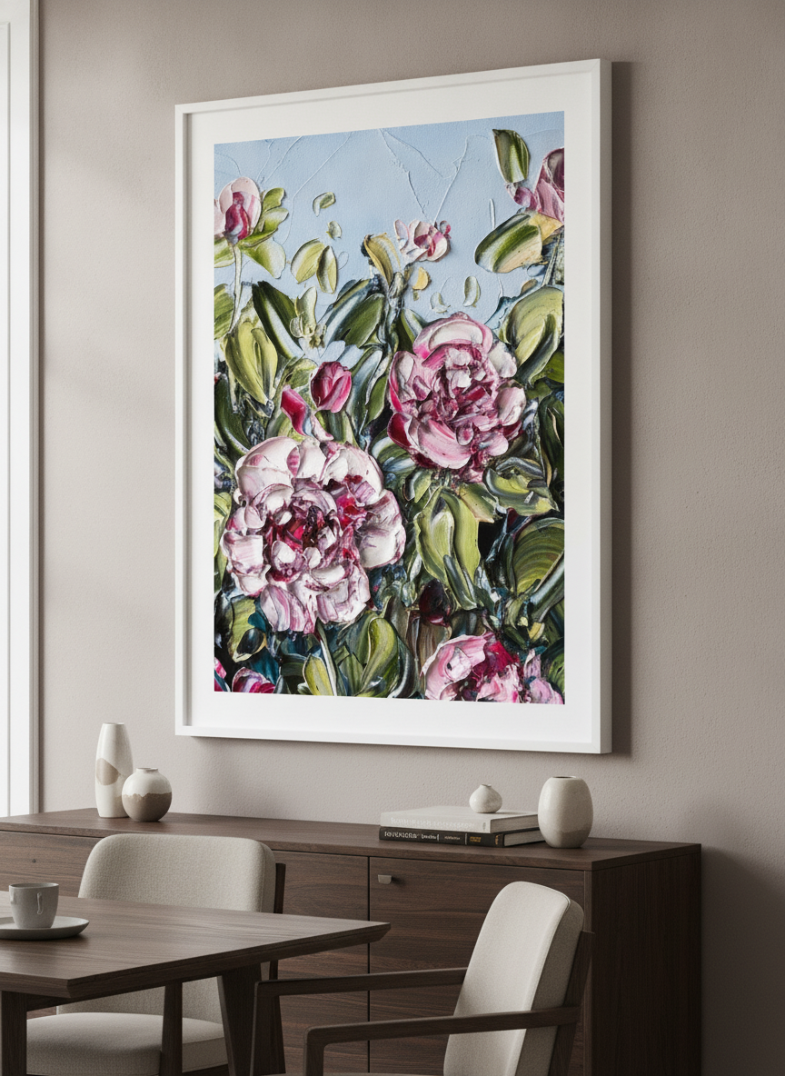 Wall art styled above a dining table in a contemporary home