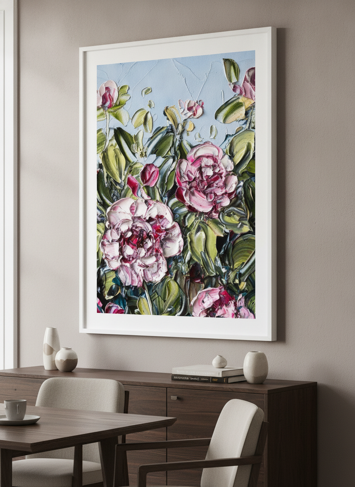 Wall art styled above a dining table in a contemporary home