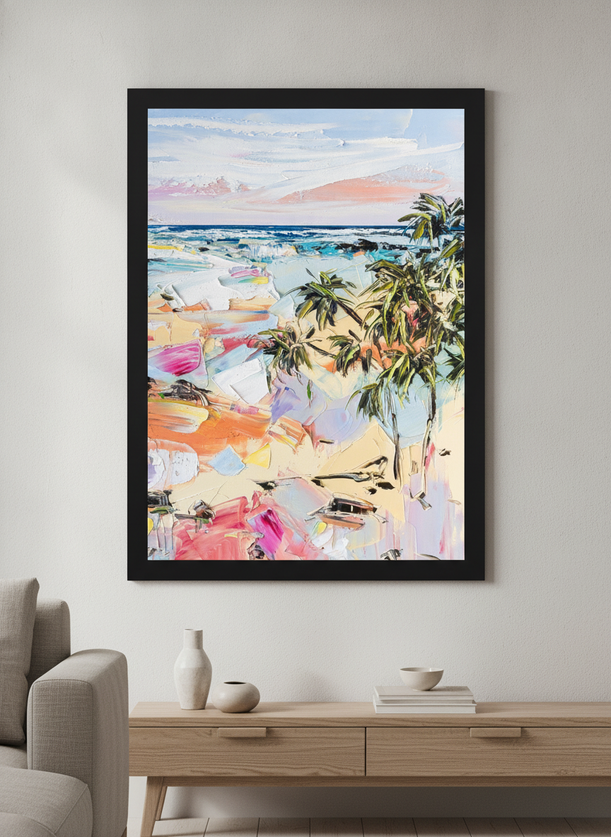 Modern wall art styled above a sofa in a neutral living room